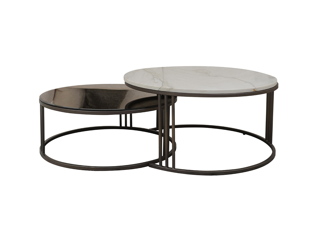 TAL356 MESAS INDUSTRIAL NIDO SIBAU CENTRO CIRCULAR BRONCE DORADO 90X40H Y 80X30H MYKONOS ESP.BRONCE jpg